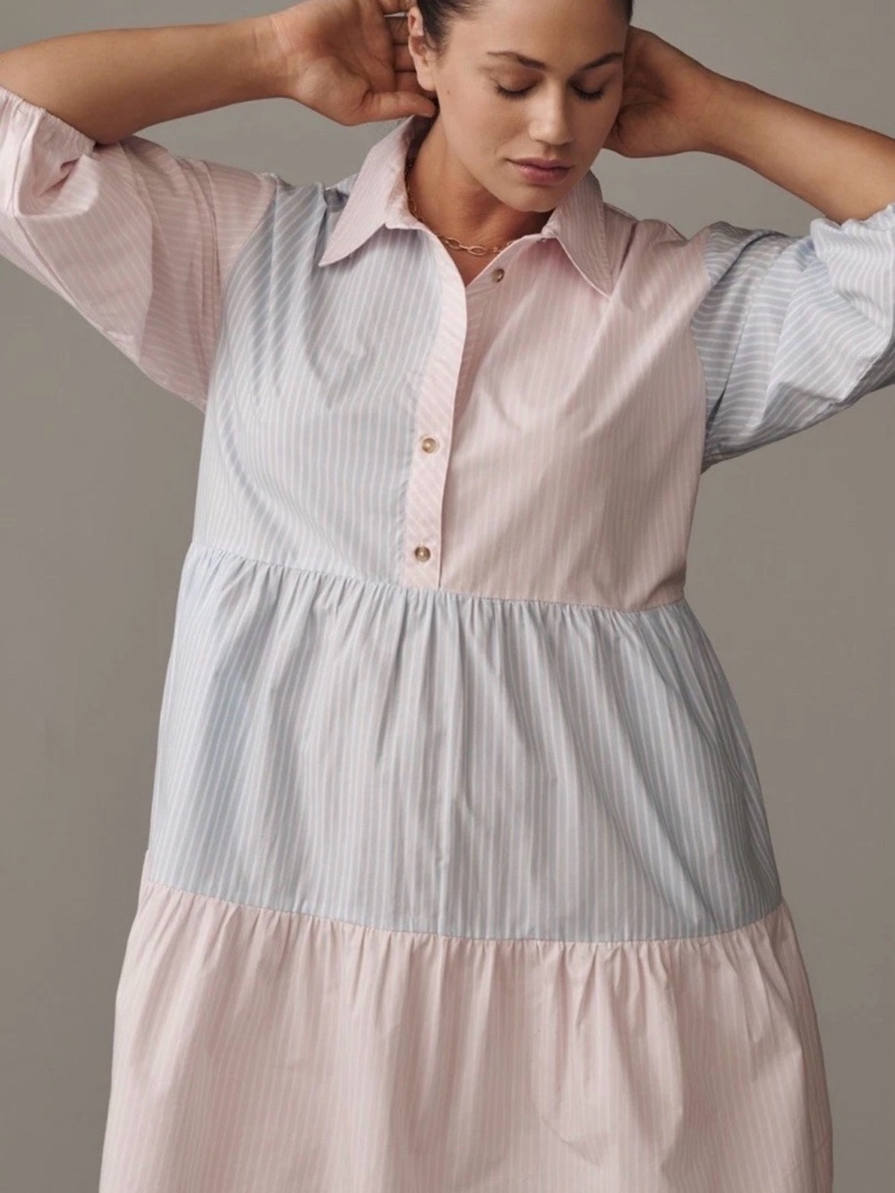Anthropologie Pink & Light Blue Tiered Button-Front Tunic - Picture 3 of 9